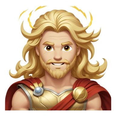 Cinematic Realistic Thor Portrait, head tilted dramatically with an exaggeratedly amused expression, featuring lively, twinkling eyes and a subtle, roguish grin. His fair, radiant skin and long, wavy golden hair, rendered with classical precision, complement his draped white toga adorned with delicate golden details and mythic lightning hints, all brought to life with dynamic lighting that captures both his divine power and playful, approachable charm. sticker