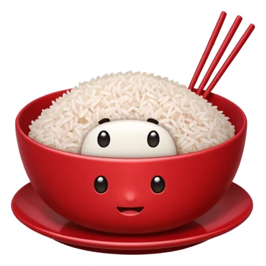 a cute iPhone emoji version of a red rice bowl on a plate, with a visible bite mark sticker