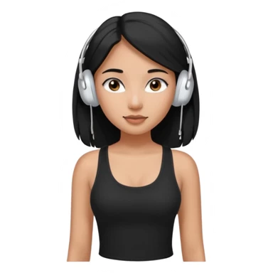 a fair indian girl with straight black long hair, wearing a black cami top. and wearing silver airpods max headphones on sticker