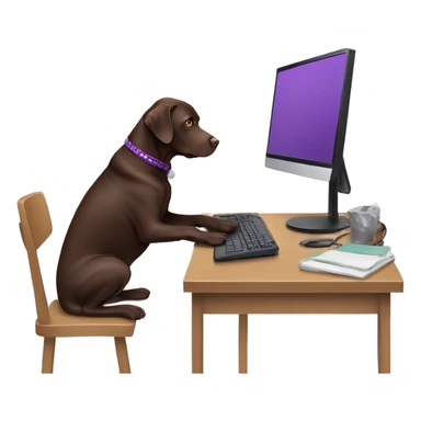 Chocolate lab working on computer with small headset , food on desk, wearing purple sweater  sticker