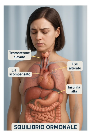 medical 3D vertical image 2:3 of a woman with PCOS showing imbalanced hormones inside the body such as testosterone, LH, FSH, insulin causing problems, visually highlighting hormonal imbalance, clinical atmosphere, realistic details, captions in Italian sticker