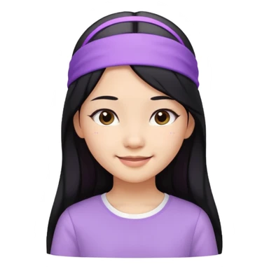 Asian girl with long black hair, lilac headband, white shirt, smiling face sticker