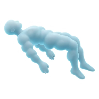 side view of unconscious person flying torso up, legs and arms down, made of small very bright white fluffy convex clouds with light blue glow, matte glass style sticker