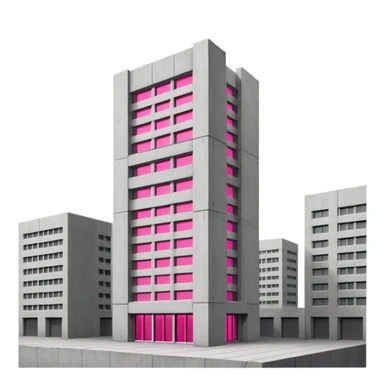 Tall gray brutalist concrete tower with one bright pink window among many regular gray windows sticker