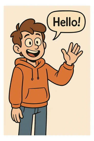 A boy brown hair how did say hello Orange hoodie blue jeans  sticker