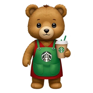 teddy bear wearing green apron with one cup of starbucks coffee sticker