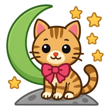 Change the moon to green, keep the tabby cat with pink bow, in emoji style with no background. sticker