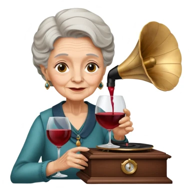 old lady with wineglass listening to gramophone sticker