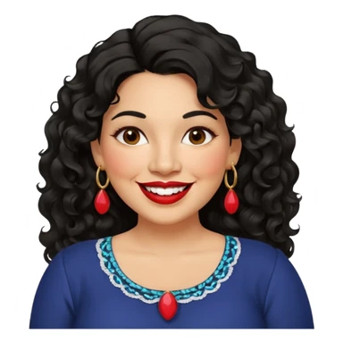 40 yr old Mexican woman, slightly chubby, wavy/curly long black hair, red lipstick, big smile, white teeth, brown eyes, hoop earings, side part to hair, round face, nice blouse, no wrinkle hair side swept, big hoop earing sticker