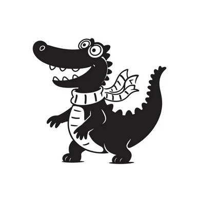 hand-drawn black outline doodle of a crocodile with aviator goggles and a scarf, energetic and fun sticker