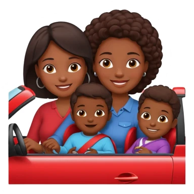 Dark Skin mom with two children, one young boy and a baby girl in a car red sticker