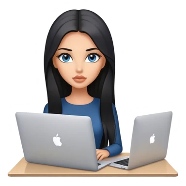 Glamours tanned very beautiful girl with pump peach/beige lips and black straight smooth long hair, blue-grey eyes with MacBook in office sticker