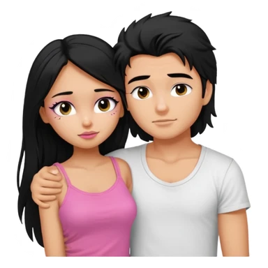 generate a pretty tan bratz boy with messy black hair wearing a white tshirt. Hugging a fair girl with long black hair, eyeliner, wearing a pink cami.  sticker