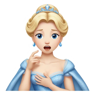 Cinematic Realistic Yawning Cinderella Portrait, showcasing lifelike porcelain skin and intricately detailed golden-blonde hair styled flawlessly as she mid-yawn reveals a moment of tender vulnerability. Her half-closed blue eyes and relaxed expression are rendered with natural, soft lighting that emphasizes the subtle textures of her face and the detailed, flowing fabric of her iconic gown. The scene glows with a cozy, authentic warmth that captures a rare, intimate moment of repose. sticker