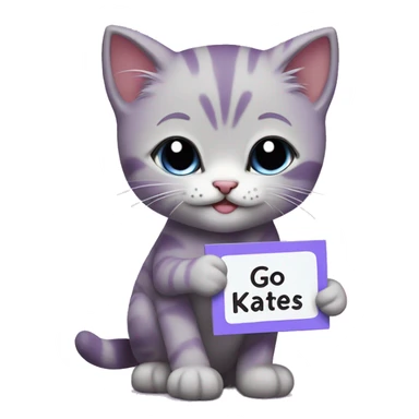 purple kitten with a name tag labeled cake crying holding a sign saying go to katies sticker
