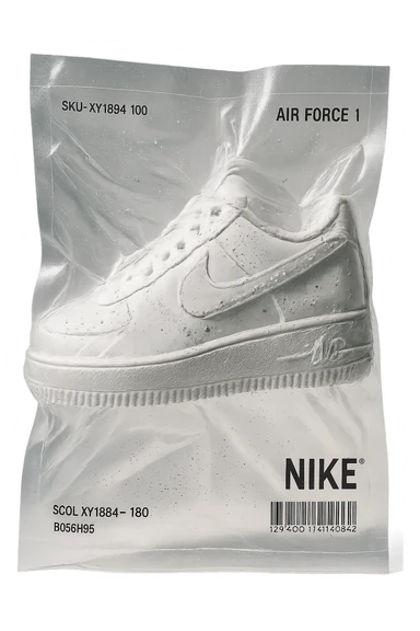vacuum-sealed Air Force One shoe, tightly wrapped and glossy, compressed, reflective, white color sticker