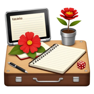 un letrero que diga VACACIONES y detrás un escritorio moderno, con una notebook, una agenda y una planta con una flor sticker
