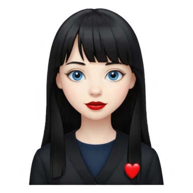 20 yr old woman long straight black hair, pale skin, blue eyes, red lipstick, black clothes, small smile, bangs sticker