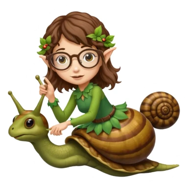 tiny forest elf woman brown wavy hair glasses riding a snail sticker