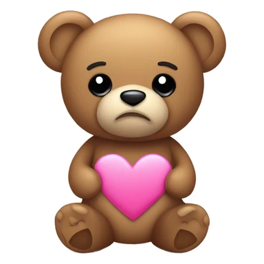 Teddy bear with sad eyes holding a pink heart sticker