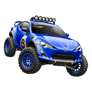 LCG Armored Dirty raced redneck jacked 2013 scion fr-s ultramarine off road 4wd monster Baja dessert stadium rock racer number 86 with long travel suspension, shiny silver wheels, exaggerated wide black fender flares  sticker