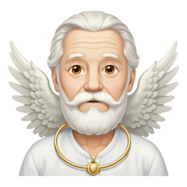 Divine being, elderly man with flowing white hair, long white beard and mustache, large white wings spread behind him, gold hoop earrings dangling from ears sticker