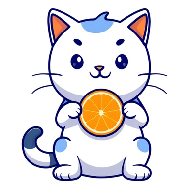 Cartoon orange cat eating an orange fruit that has a cat face on it sticker
