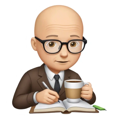 A bald man with glasses who spills his cup of coffee on his notebooks and notes. sticker