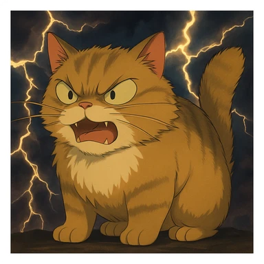 Add a dramatic lightning background behind the angry cat, keep the ghibli style. sticker