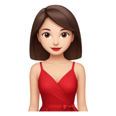 Cartoon emoji of a young brunette woman with fair-medium skin, brown eyes, wearing a red outfit. Full-height, standing confidently in a red dress  posing sexy with a smile and relaxed posture. Smooth, friendly, stylized, make up on, flirty eyes and smile in a sexy position  sticker