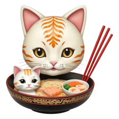 Maine coincide cat orante anda White, With a ramen, anda a clip With sushi form on the head sticker