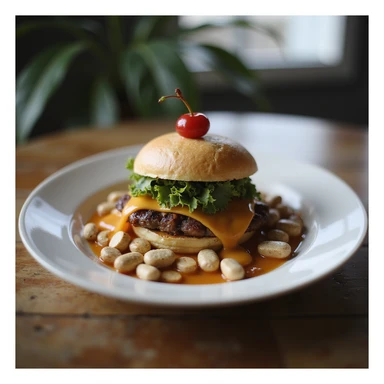 realistic image of a dietary supplement creatively placed as the cherry on top of a healthy food plate, elegant atmosphere, refined details, modern environment sticker