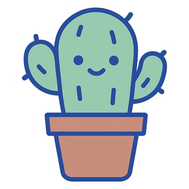 green cactus in a small brown pot with a cute face, clean modern illustration style sticker