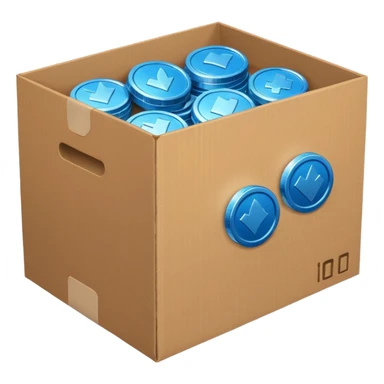blue coins in a cardboard package sticker