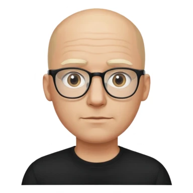bald blonde man with eyeglasses with black shirt sticker