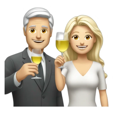 white man with grey hair  and white woman with blond hair toasting with two white wine sticker