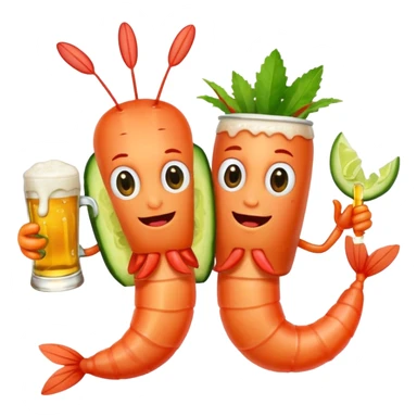 Create a modern emoji-style illustration of two shrimp characters, friendly and cool, slightly cartoon but stylish, not childish.
They are toasting (‘salud’), one shrimp holding a beer mug with aguachile topping, the other holding a fresh aguachile bowl with cucumber and chili.
  sticker