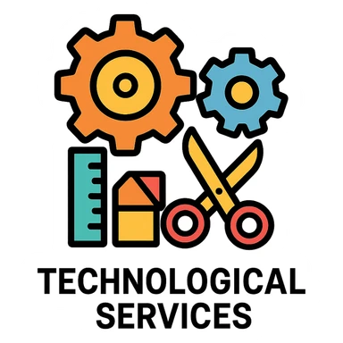 Flat design icon for 'Technological Services' depicting gears, ruler and scissors, or pattern block in a clean and modern style sticker
