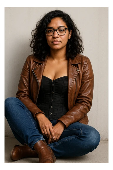 A woman with light brown skin, wavy black hair, and square-shaped glasses. She wears a black corset dress with a brown leather jacket, blue jeans, and brown ankle boots, sitting casually. sticker