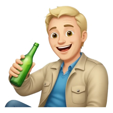 a drunk man holding a bottle fooling around laughing in a car sticker