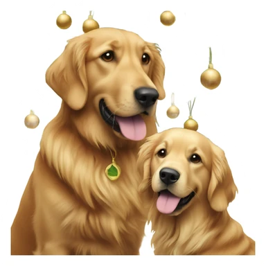 Two men and golden retriever next to Christmas tree sticker