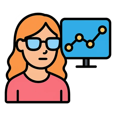 A woman wearing glasses and looking at data, in color outline icon style, with no background. sticker