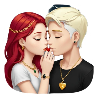 couple kissing, girl with long cherry red hair, blonde eyebrows, gold jewelry, boy with SHORT PURE WHITE hair like snow, dark t-shirt, silver ring with black stone sticker