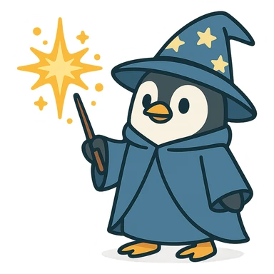 flat toon style penguin wizard casting a spell sticker