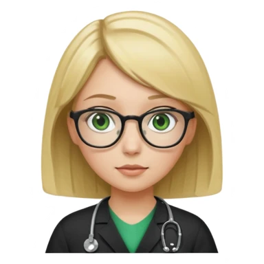 A girl in black scrubs with a blonde bob and glasses no stethoscope green eyes sticker