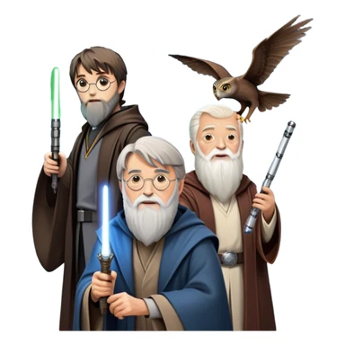 Icon for Fantasy and Sci-Fi Movies: Collage featuring Harry Potter with his wand, Dumbledore. Luke Skywalker with a lightsaber and futuristic robots. Background with a magical planet, Hogwarts, flying owls and spaceships. Epic and magical atmosphere. Transparent background. sticker