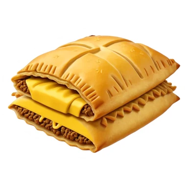 side view of a Jamaican patty, golden flaky pastry with crimped edge, slightly open to reveal spicy beef filling, emoji style sticker