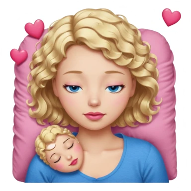 Girl Blonde short wavy hair,  blue eyes, cute blue top, long lashes, pink lips, sleeping eyes closed, hearts  sticker