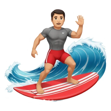 50 year old, muscular, dark haired, tan, red shorts man riding a big wave sticker