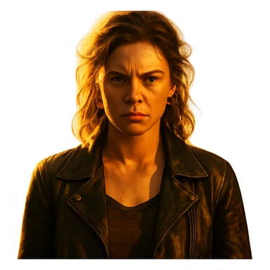 Create a centered portrait of the same woman with a rebellious and determined expression, in a golden hour lighting effect, with a transparent background. The style should resemble a Netflix series poster, cinematic and dramatic. sticker